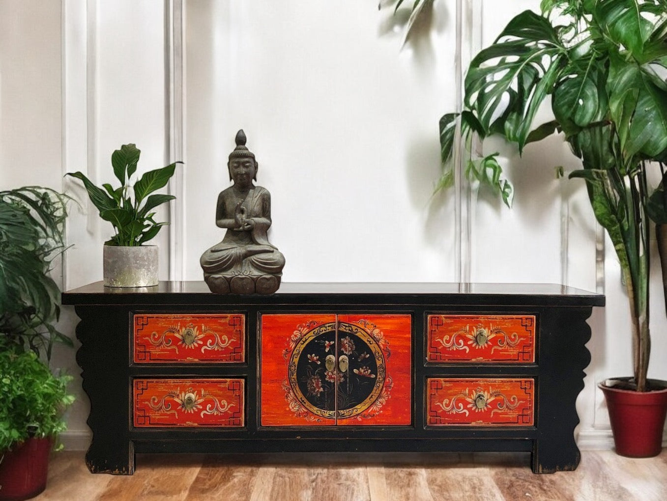 Vintage Asia Asiatisches Lowboard Kommode Bank "Coalflowers" - Art. 35208-6