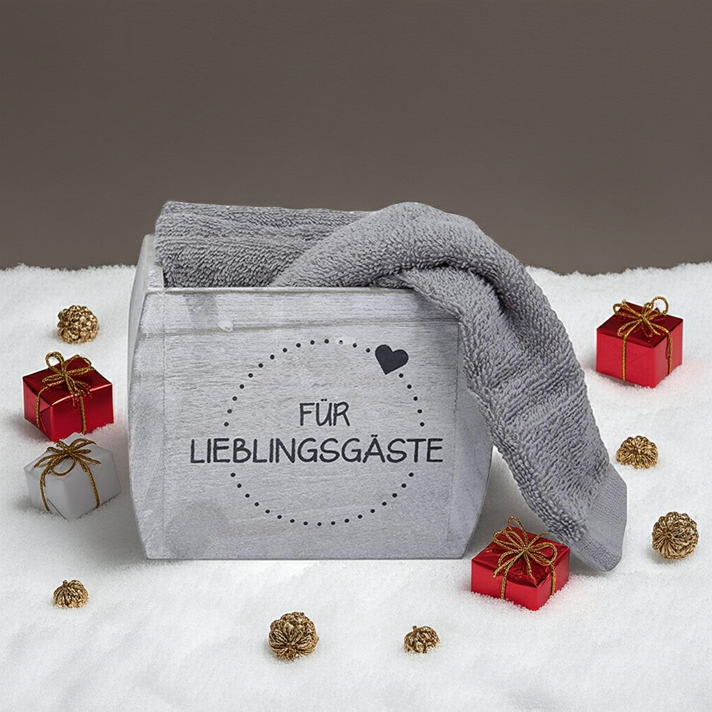 4 Gästehandtücher in MDF Holzbox (Für Lieblingsgäste)