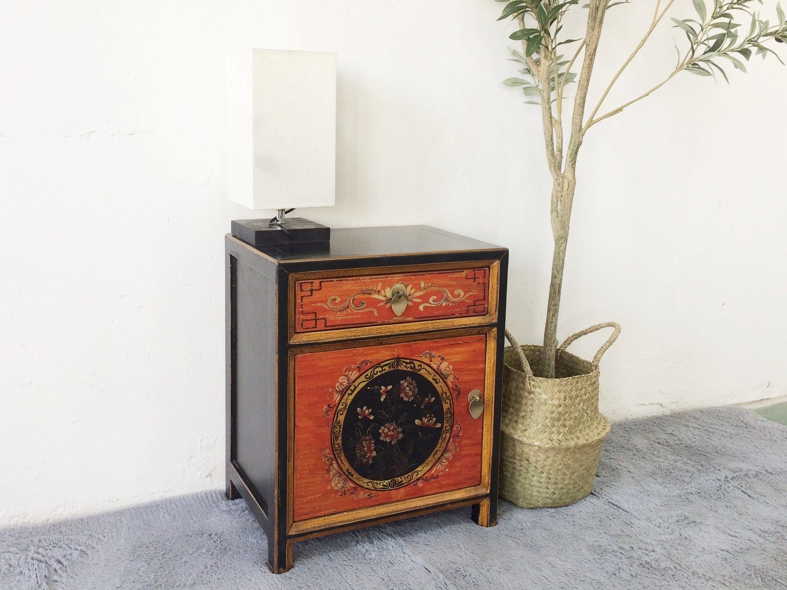 Vintage Asia Chinesisches Nachtkästchen Nachttisch "Coalflowers" - Art. 35191-8