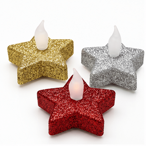 LED Sternkerzen 3er-Set mit Glitzer – Gold, Silber & Rot – Weihnachtsdeko - Boxkorb