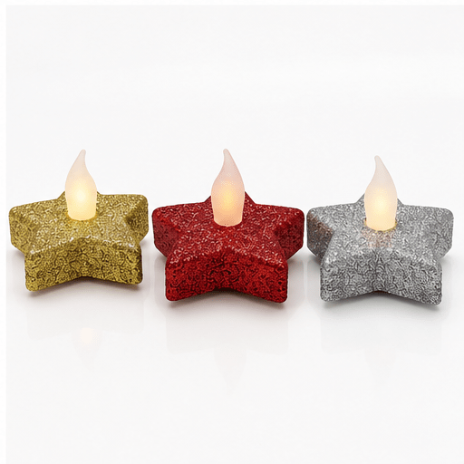 LED Sternkerzen 3er-Set mit Glitzer – Gold, Silber & Rot – Weihnachtsdeko - Boxkorb