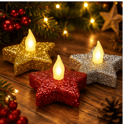 LED Sternkerzen 3er-Set mit Glitzer – Gold, Silber & Rot – Weihnachtsdeko - Boxkorb