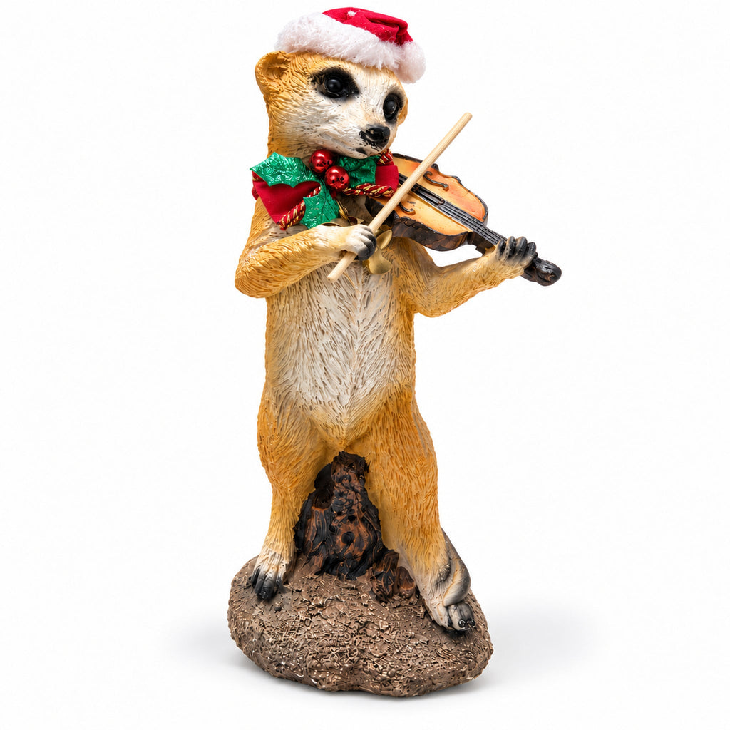 Weihnachtliches Erdmännchen mit Geige 24 Cm– Dekofigur mit Nikolausmütze - Boxkorb