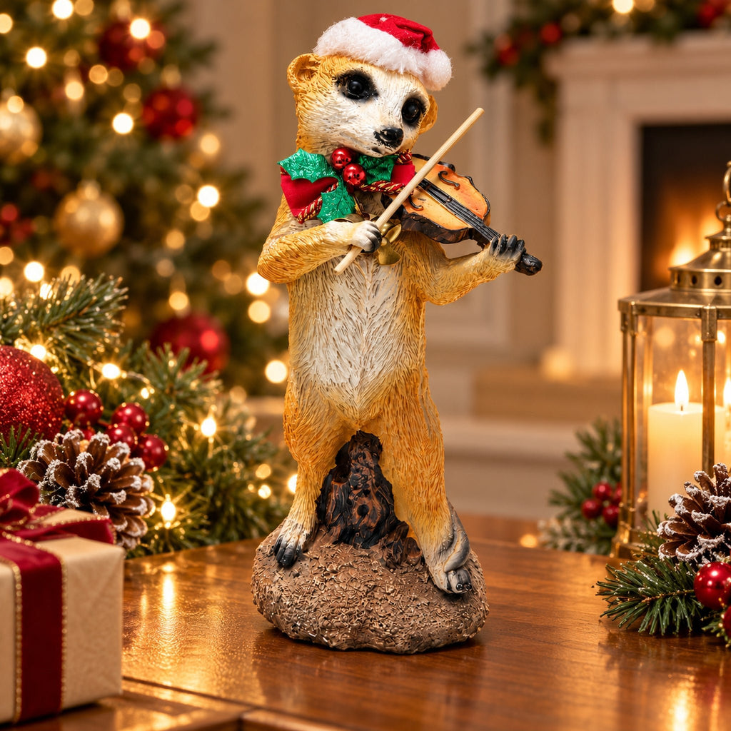 Weihnachtliches Erdmännchen mit Geige 24 Cm– Dekofigur mit Nikolausmütze - Boxkorb