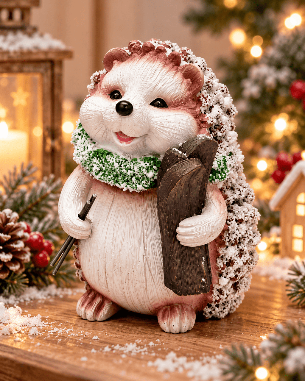 Winter-Igel Dekofigur mit grünem Schal und Holz – verschneite Weihnachtsdeko - Boxkorb