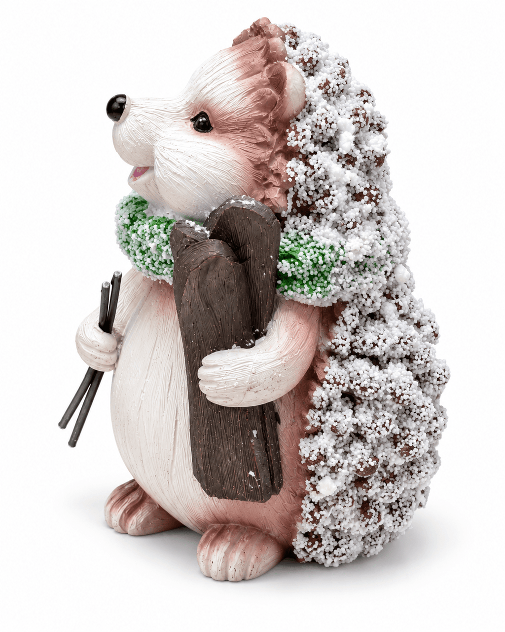 Winter-Igel Dekofigur mit grünem Schal und Holz – verschneite Weihnachtsdeko - Boxkorb