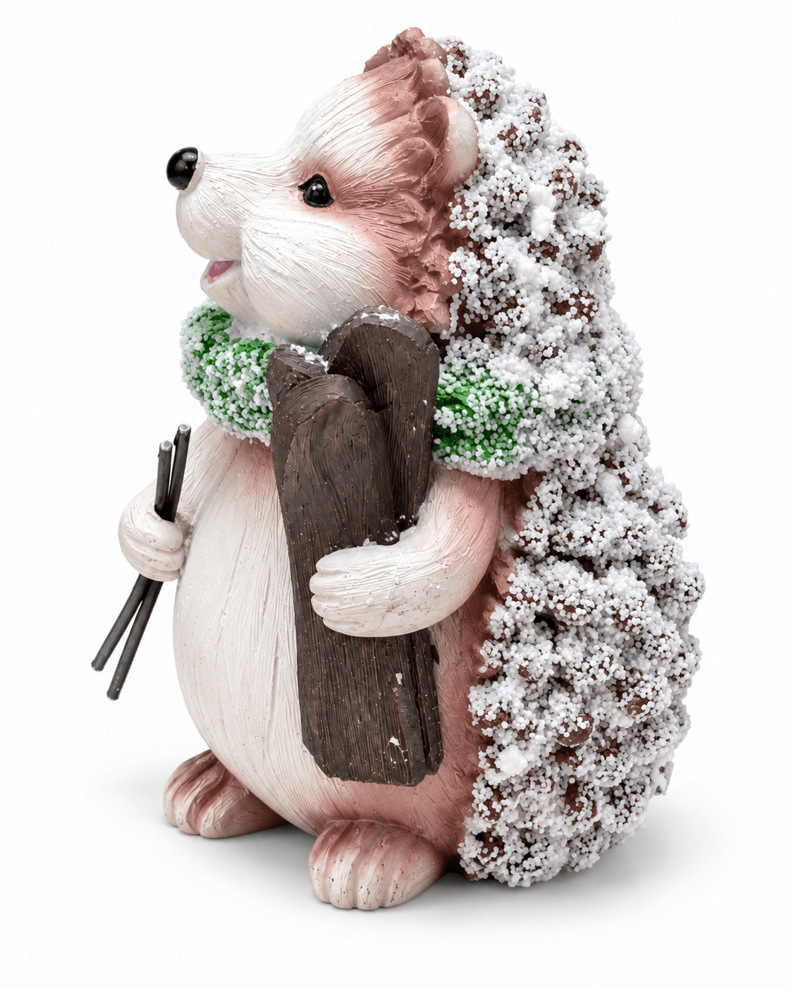 Winter-Igel Dekofigur mit grünem Schal und Holz – verschneite Weihnachtsdeko - Boxkorb